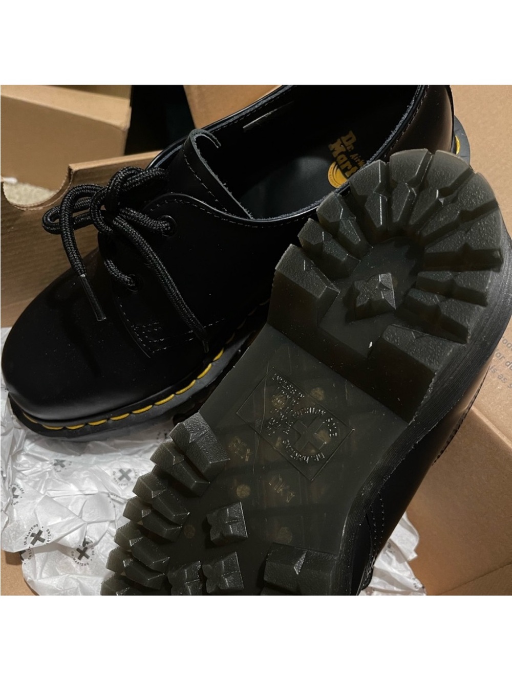 Dr. Martens Black Leather 3-Eye Derby with Yellow Stitching - Picture 2 of 3